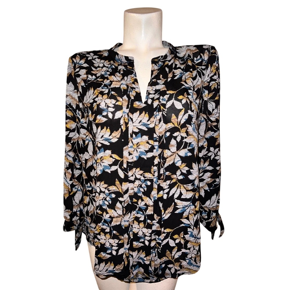 41 Hawthorn Womens Floral Leaf Print Split Neck Tie Cuff Blouse Black Large NEW